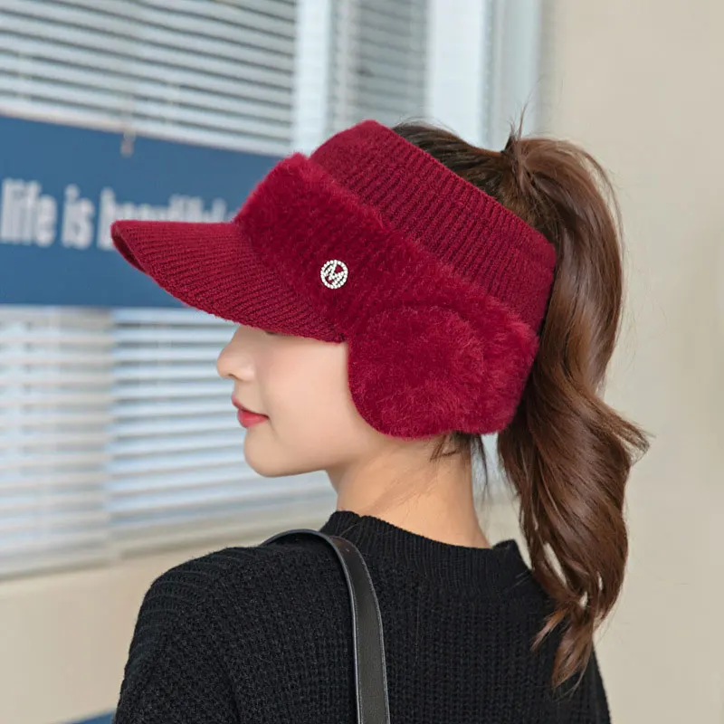 CNTANG 2024 New Autumn Winter Fashion Women\'s Knitted Fleece Hat Ladies With Earflaps Hats Empty Top Baseball Cap For Female