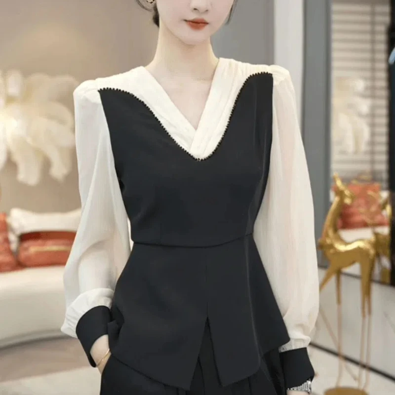 

Shirt New Style Women Early Autumn High-end Light Luxury Niche Design Small Shirt Cinch the Waist and Cover the Belly Black Top