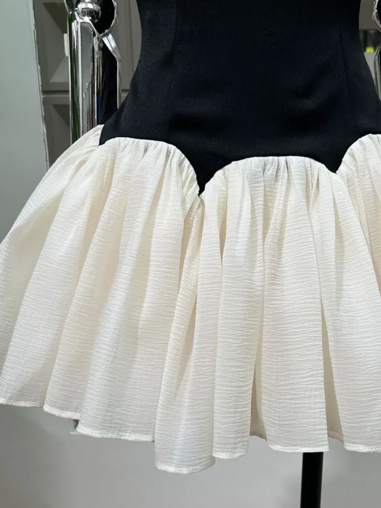 DFDG Abito da donna con spalle scoperte e spalle scoperte, vita smockata, gonna a sbuffo color block, abito da vacanza design primavera estate