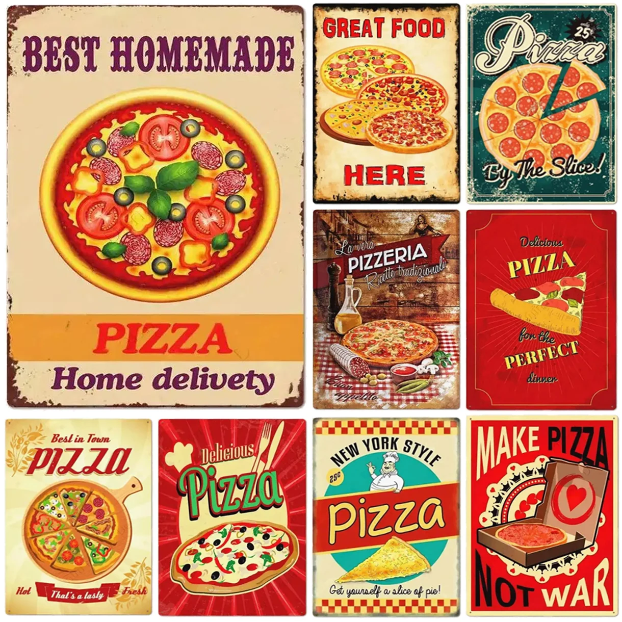 Great Food Best Homemade Pizza Here Metal Tin Signs Wall Art Posters Plate Wall Decor for Bars Man Cave Cafe Clubs Garage Retro