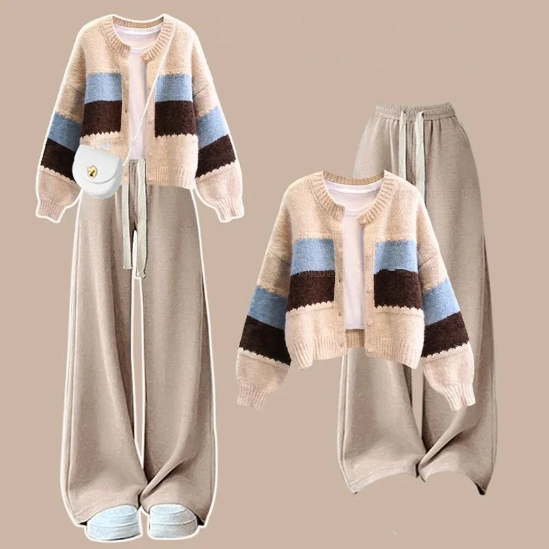 2025 frauen Frühling Herbst Neue Casual Trainingsanzug Passenden Set Koreanische Elegante Gestreifte Strickjacke Mantel + Breite Bein Hosen 2 stück Anzug