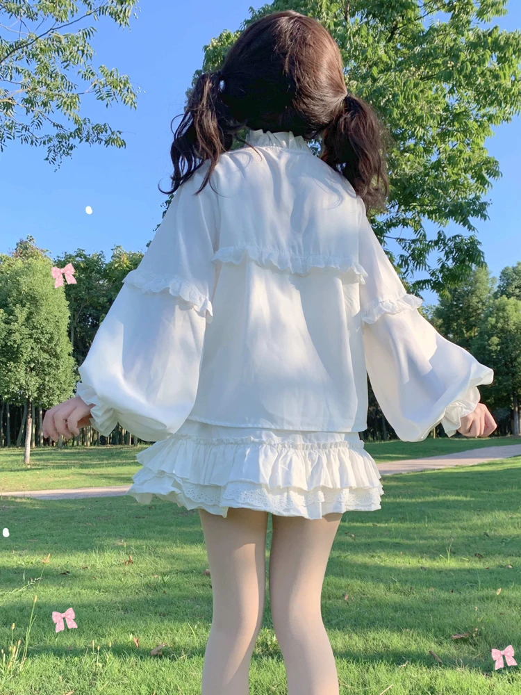 KIMOKOKM Sweet Girly Single-breasted Lolita Shirt Ruffled Half high Collar Lace Kawaii Flare Sleeve Cute Sweetheart Blouses Shir