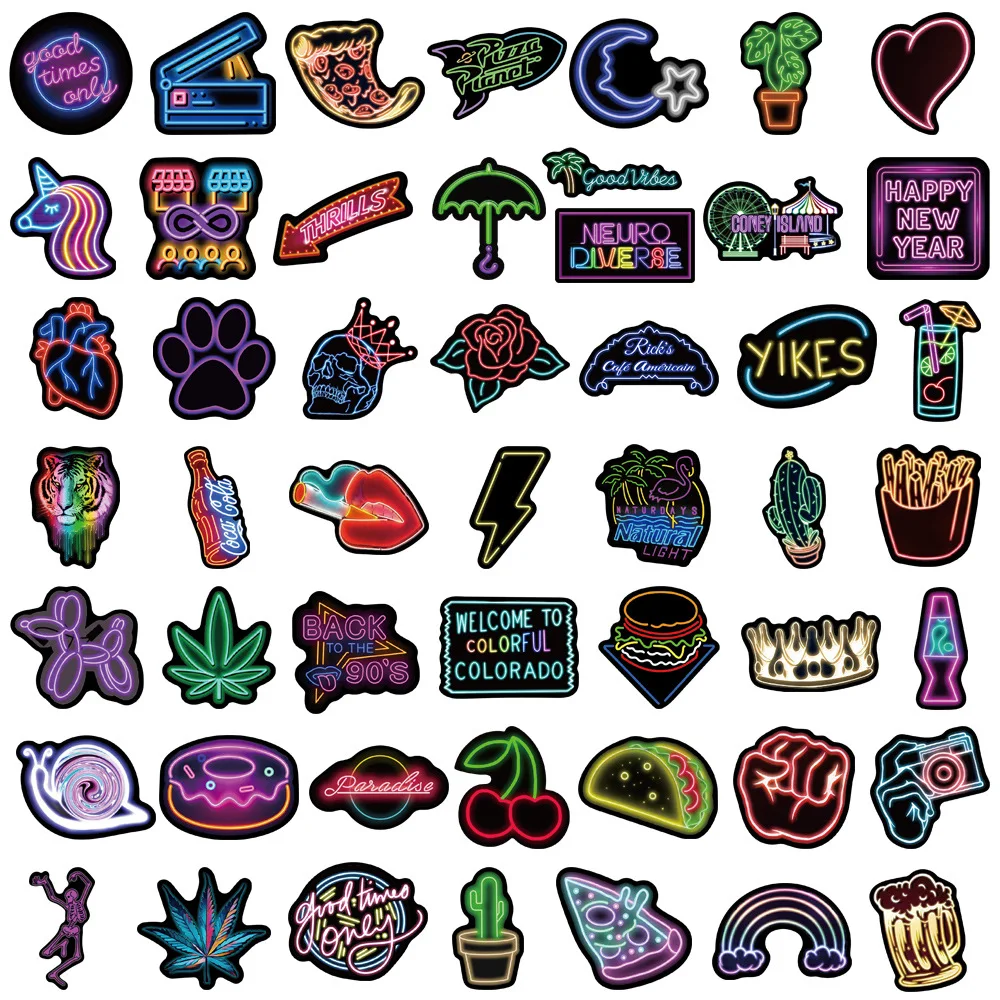 50PCS Cartoon Ins Neon Graffiti Waterproof Stickers Creative Trendy Notebook Refrigerator Guitar Helmet Car  Decoration Stickers