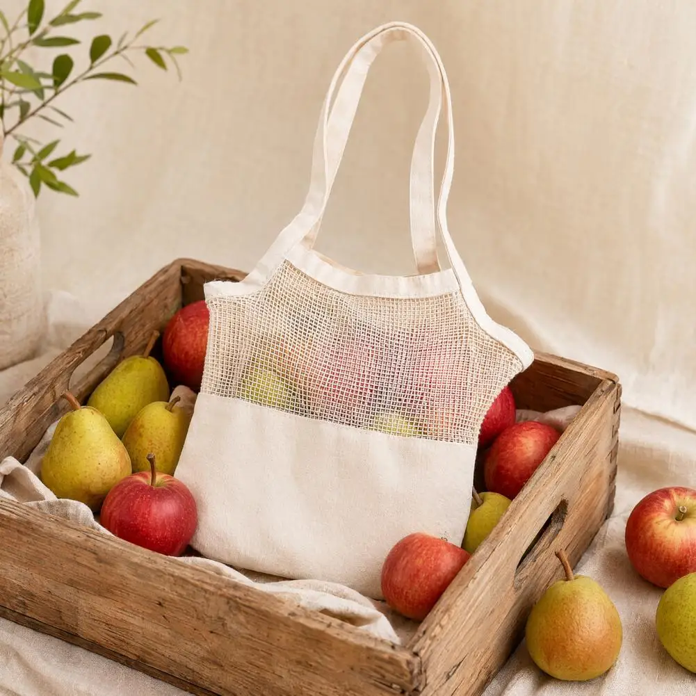 Canvas Shopping Bag, Ventilated Storage Bag with Reinforced Straps Grocery Tote for Fruits Sustainable Shopping Bag
