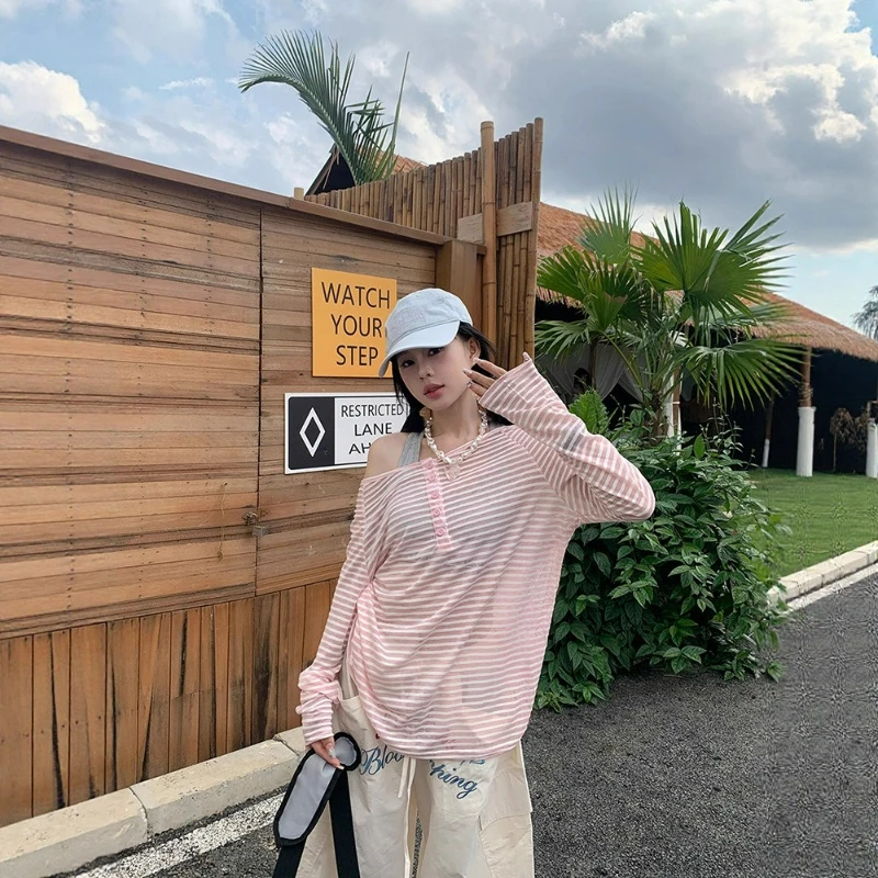 

Korean Lazy Style Long Sleeved Cover Shirt for Women 2026 Spring New Fashion Big Neckline Slanted Shoulder Pink Striped T-shirt