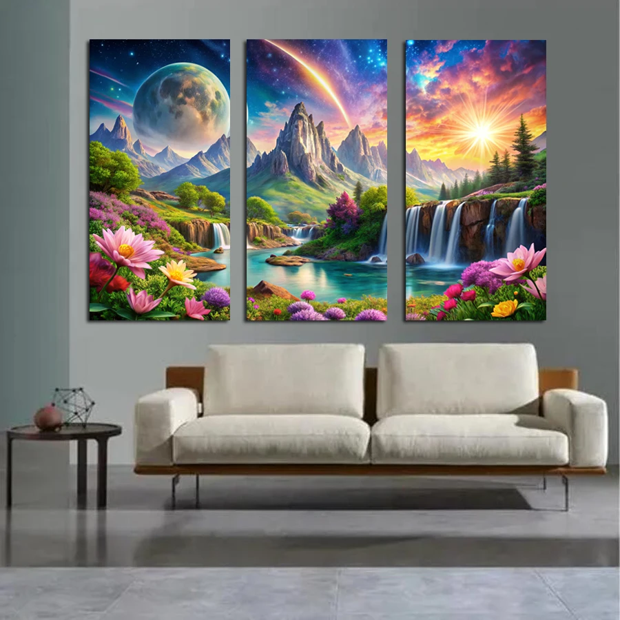 

Mountain Scenery Waterfall Flower Diy Diamond Painting Large Size Triptych Landscape Full Mosaic Embroidery Pictures 3pieces/set