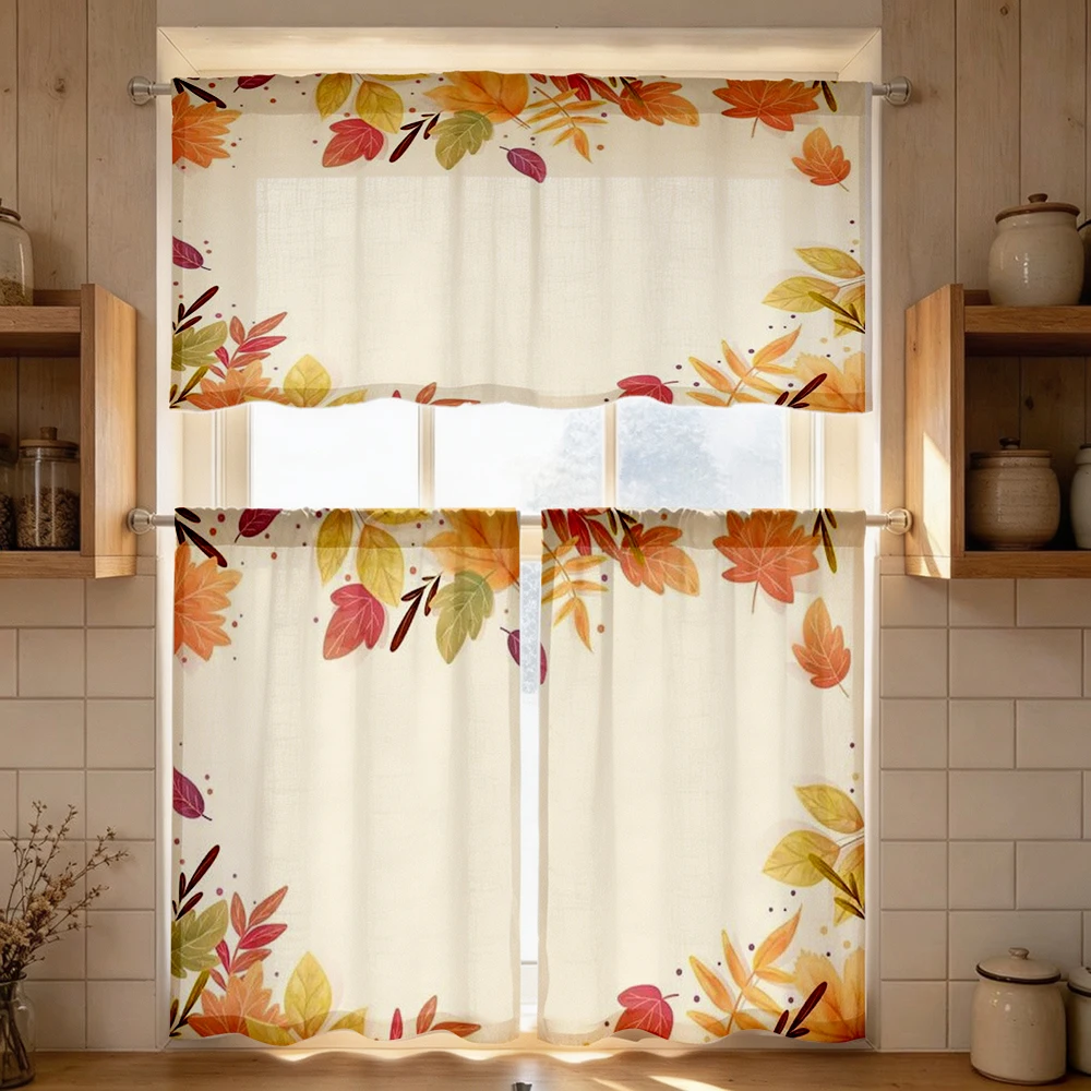 Fall Kitchen Curtains, Autumn Leaf Corner Border, Digital Print, Kitchen Dining Room, Rod Pocket Polyester, Home Decor