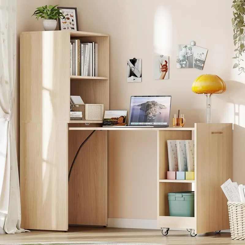 Folding Desk Convertible Table with Shelves and Wheels Beige