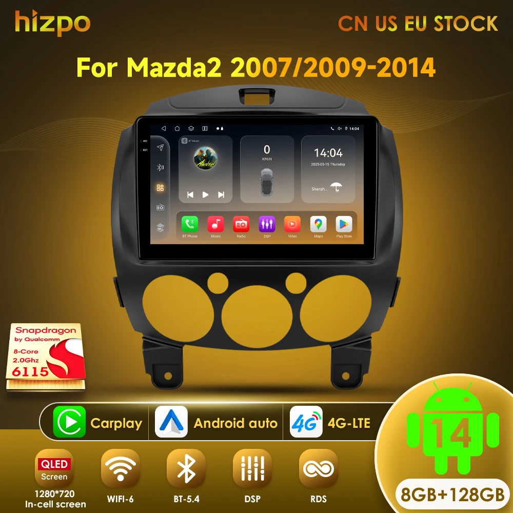 Hizpo Car Intelligent Systems – Fahrzeugmonitor für MAZDA 2 Mazda2 2007–2014, Navigation, CarPlay, Android 14, Bluetooth, 4G, 360-Grad-Kamera.