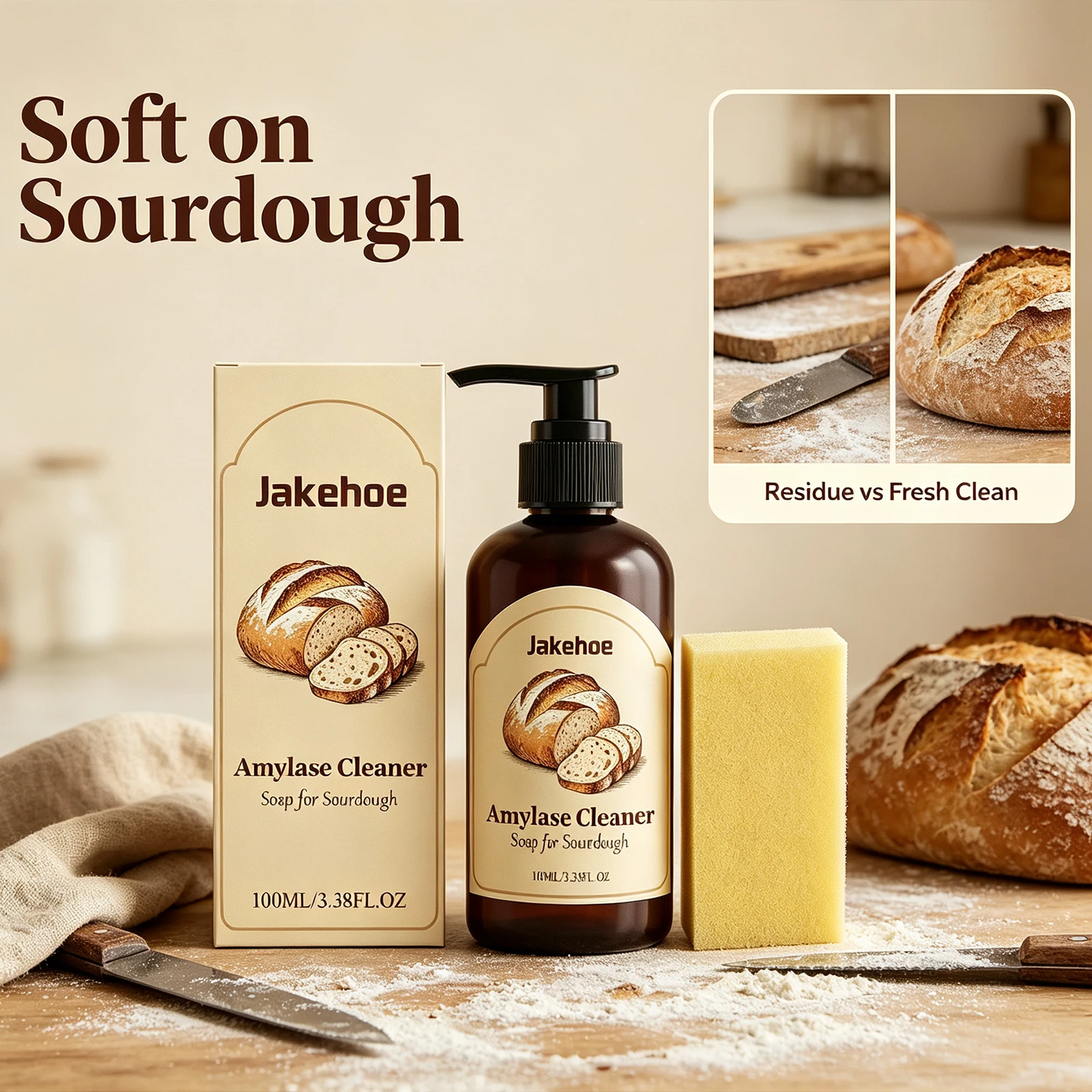 Sourdough Dough Dissolver Cleaner with Sponge for Baking Tools Sticky Dough Remover for Bowls Jars & Pots Reduces Scrubbing Time