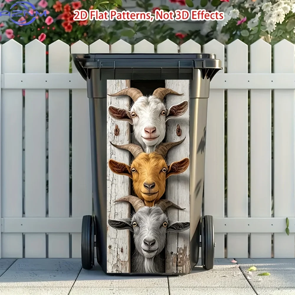 of a Flat 2D Sticker Featuring Three Goats Peeking, Designed for Use on Dustbins. This Decorative Sticker Is Suitable for Wall