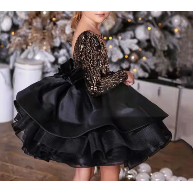 Winter Boutique Sequined Full Sleeve Black Kids Tulle Puffy Party Princess 2 to 16 Year Teenage Girls Dresses For Shows Dancing