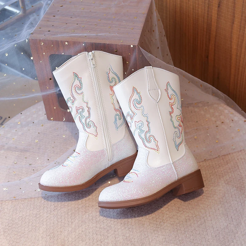أحذية رعاة البقر للفتيات اللامعة المتلألئة 2025 أحذية شتوية جديدة للأطفال منتصف العجل مع سحاب جانبي مطرز بنمط الأزهار وسحاب جانبي عصري #2