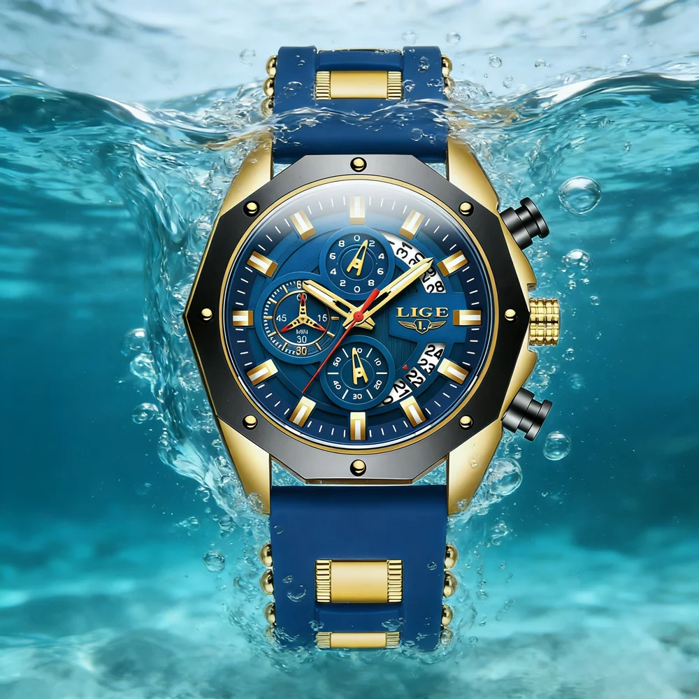 

LIGE Top Brand Sports Silicone Men's Watches Luxury Quartz Wristwatch Waterproof Luminous Chronograph Watch for Men Date Clock