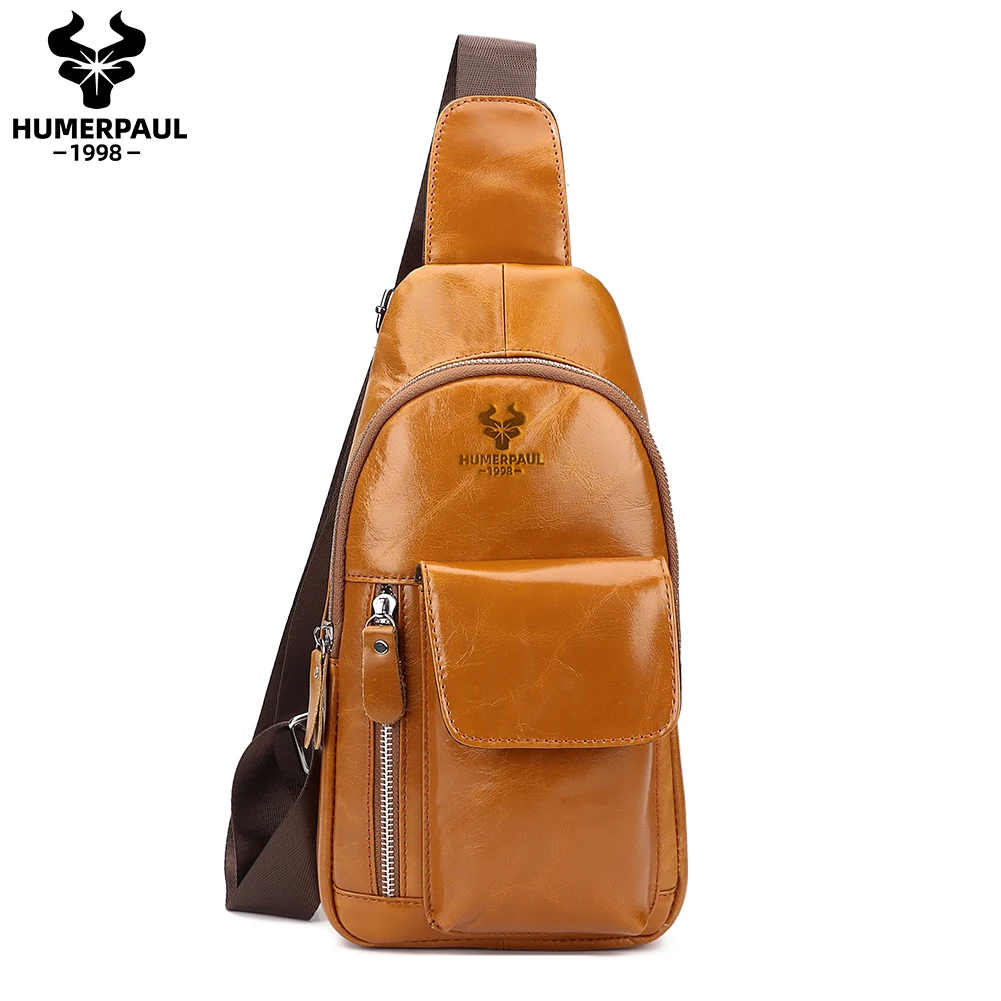 

HUMERPAUL Genuine Leather Men's Chest Sling Bag Vintage Style Multi Pocket Messenger with Phone Bag Casual Shoulder Backpack