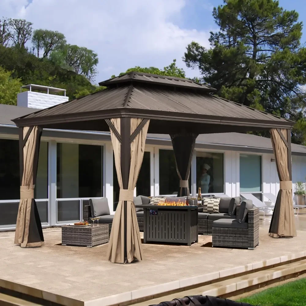 10'x14 'hardtop Pavilion, Permanent Metal Pavilion with Galvanized Steel Double Layered Roof, Including Curtains and Mesh