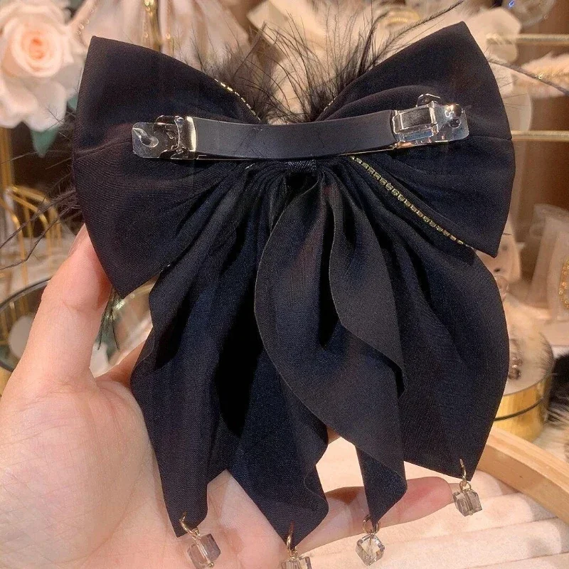 Korean Solid Color Fabric Bow Hair Clips Crystal Hair Bows Ponytail Clip Hairpin Barrettes Headwear Hair Accessories for Women