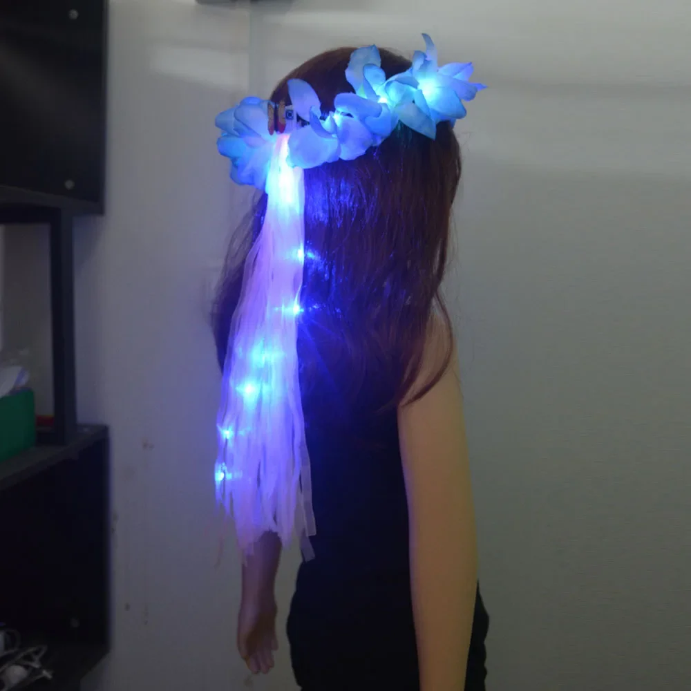 Women Girl Glow Party LED Hawaiian Lei Headband Light Up Flower Ribbon Crown Birthday Gift  Wedding Festival