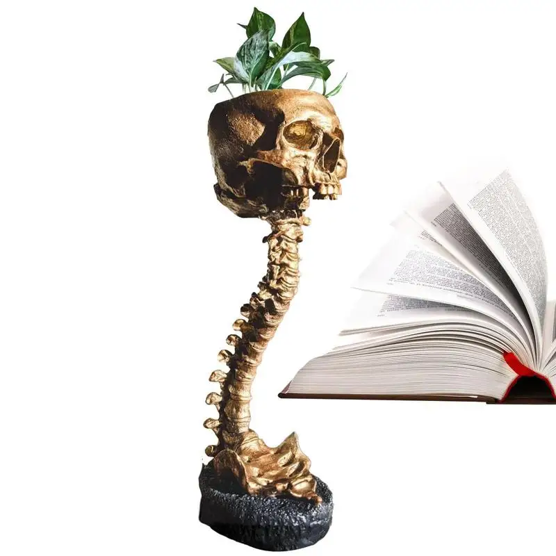 

Skull Planter Spine Stand Set Goth Spooky Decor Deep Polyresin Skulls Pot Skeleton Home Decor Black Scary Halloween Style