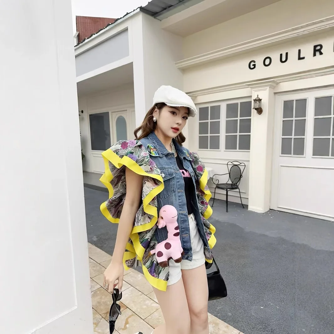 Tide ยี่ห้อ Ruffle Edge Splicing DENIM เสื้อกั๊กผู้หญิงฤดูใบไม้ผลิและฤดูใบไม้ร่วง 2025 ใหม่หลวมเสื้อกั๊กเสื้อแขนกุดสําหรับสตรี