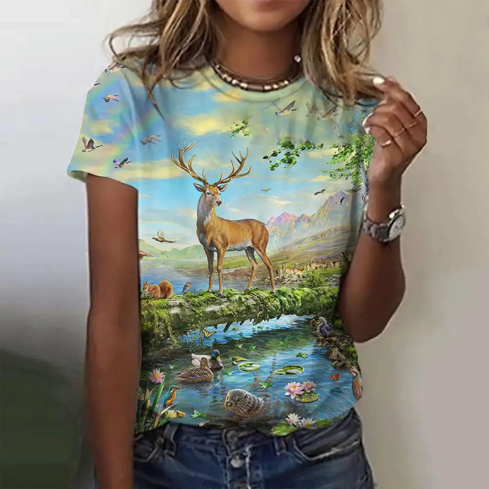 Blusa de moda de verano para mujer, camiseta con temática de animales salvajes en 3d, camisetas informales, Top de manga corta, ropa básica de gran