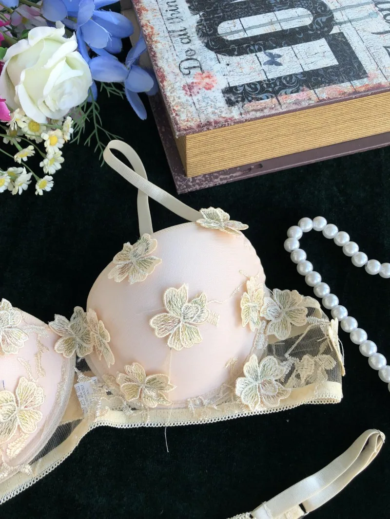 Embroidery three-dimensional flower underwear sexy thin cotton with steel ring small breasts gathered bra set