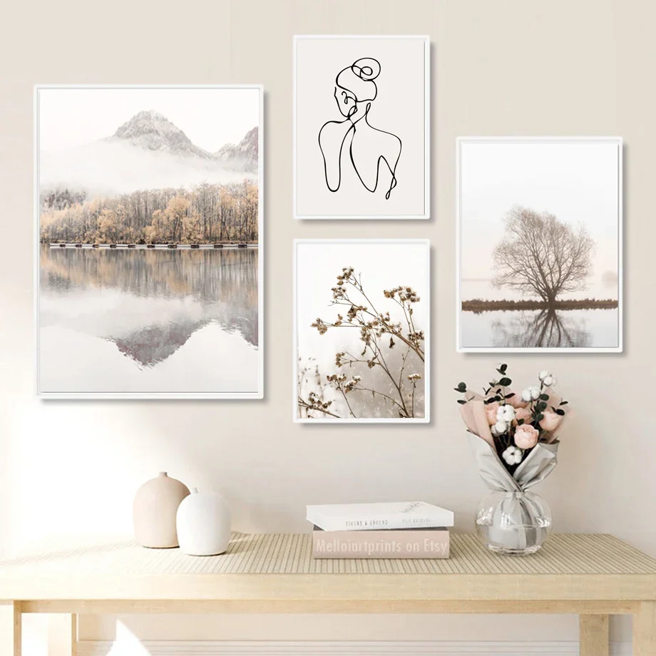 Mountain Forest Lake Reed Abstract Line  Wall Art Canvas Painting Nordic Posters And Prints Wall Pictures For Living Room Decor