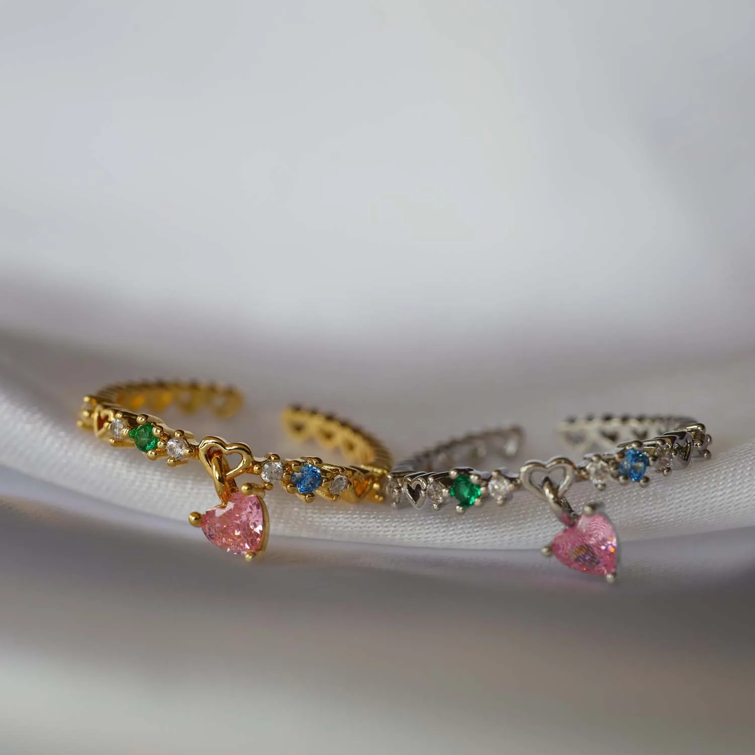 

Pink Heart Charm Open Adjustable Ring Colorful Gemstone Dangle Resizable Finger Ring Women Jewelry