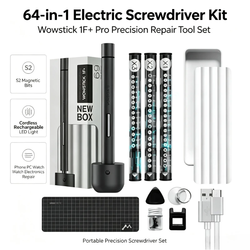 Wowstick 1F+ Pro 64‑in‑1 Precision Electric Screwdriver Kit Cordless Rechargeable S2 Magnetic Bits with LED Light