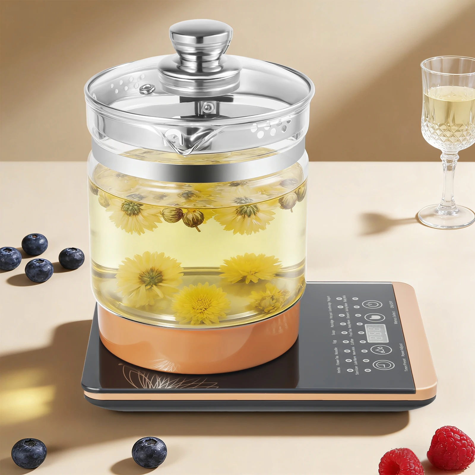 

Electric Kettle Health Pot Multifunctional Tea Maker Glass Hot Boiler with Filter & Digital Base Cook Ware Kitchens Auto 1.8L