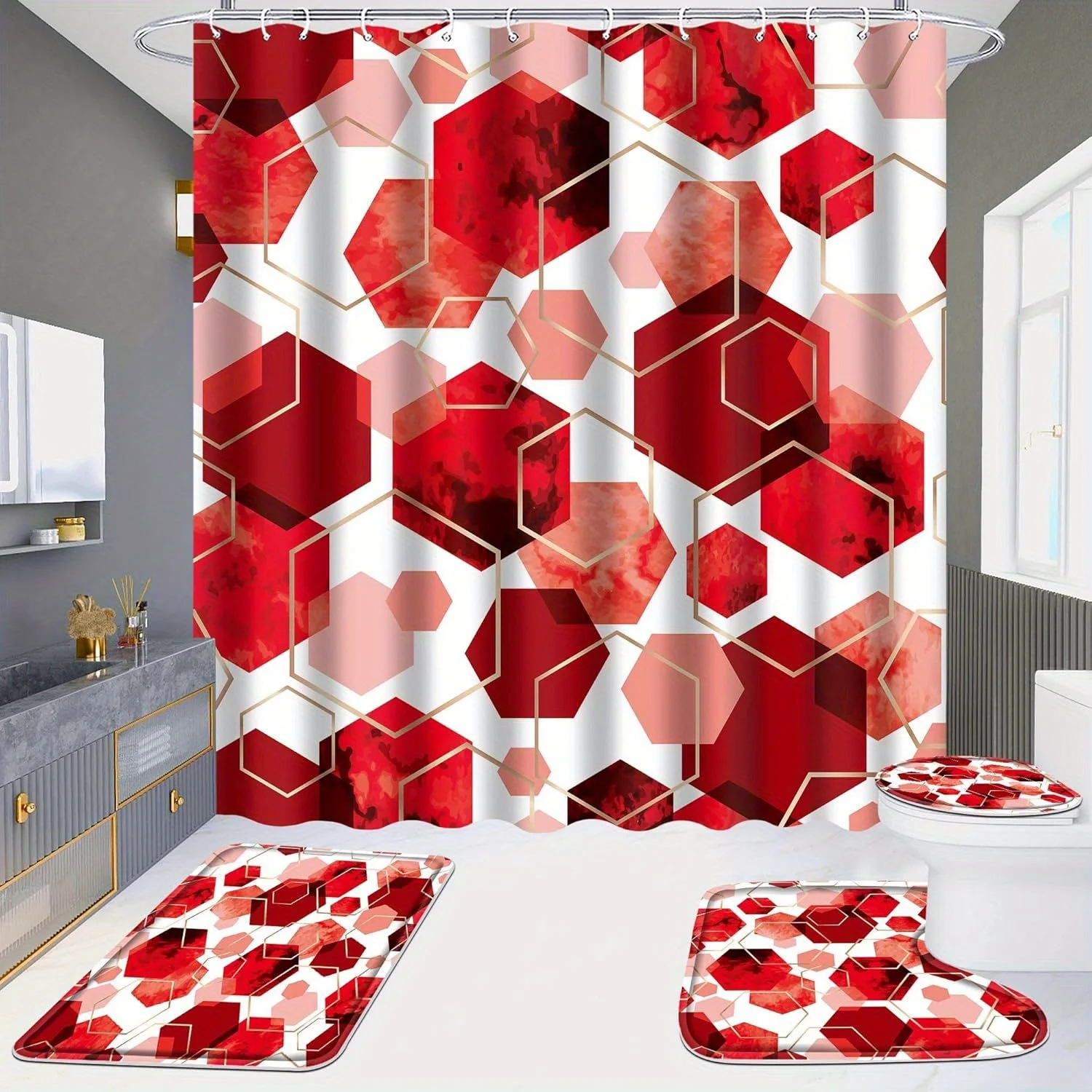 

4pcs Diamond Shower Curtain Set, Home Decoration Shower Curtain with 12 Hooks, Non-Slip Bathroom Rug, Toilet U-Shaped Mat