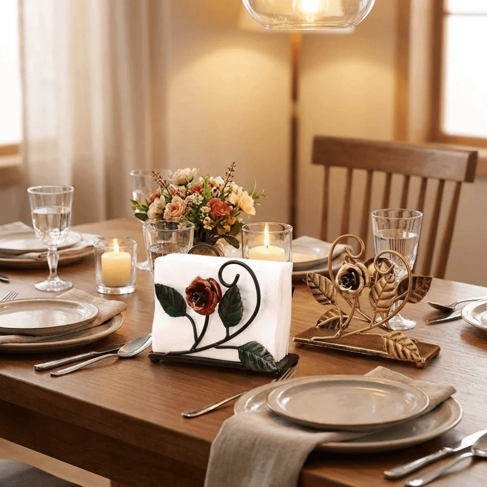 

Rose Metal Napkin Holders Stable Hollowed-out Design Tissue Storage Rack Space Saving Decorative Vertical Napkin Dispenser