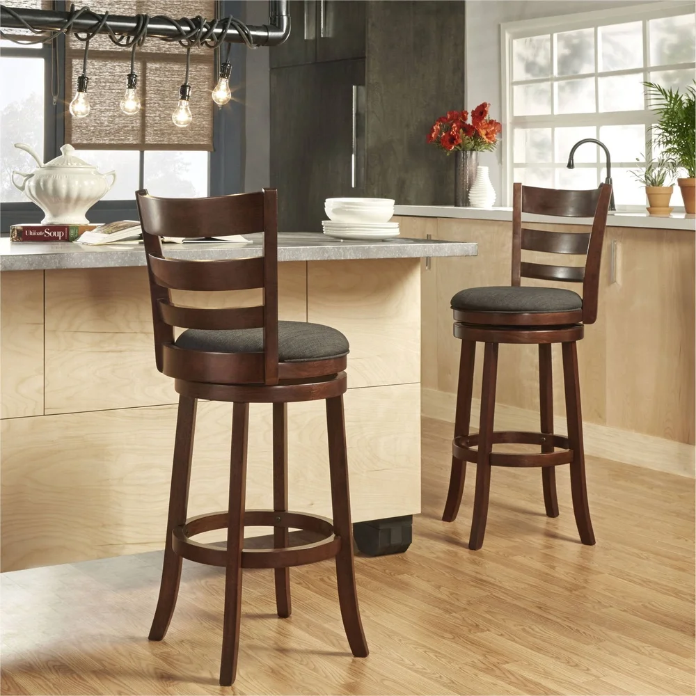 Dark Cherry Swivel Bar Stool with Ring Footrest Comfortable Linen Upholstery 360 Degree Rotation Perfect Dining Kitchen Bar Room