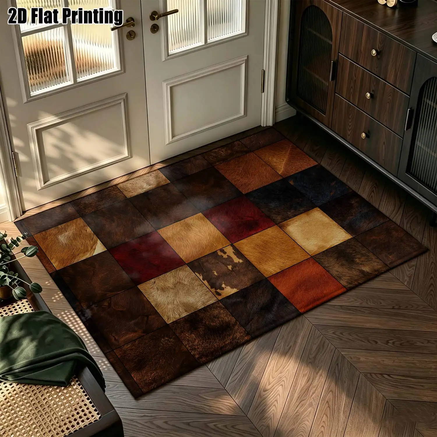 1Pc 2D Printed Retro Brown Yellow Patchwork Nordic Modern Simple European Geometric Striped Home Carpet, Multi-Size Machine Washable, for Entrance, Dining, Foyer, Living Room, Bedroom