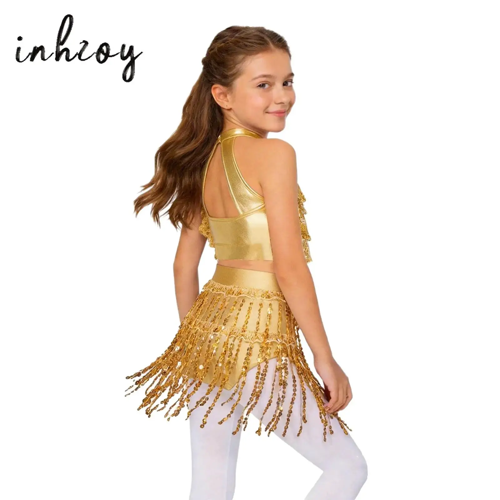 

Kids Girls Belly Dance Costume Set Tiered Sequins Top+Tassel Briefs Outfit for Festival Carnival Jazz Latin Egypt Indian Dance