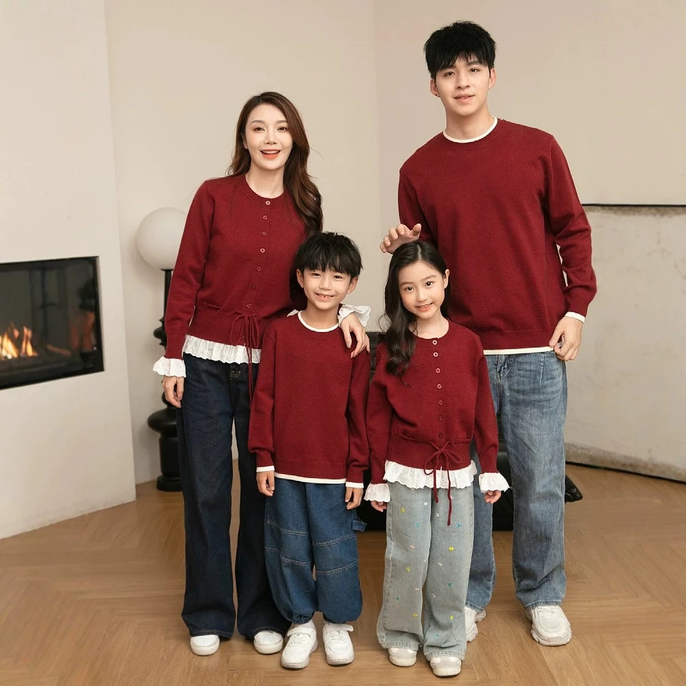 Red Family Matching Knit Sweater Mom Daughter Cardigan Dad Son Tops Outfit Parent Child Clothes Christmas New Year Photoshoot