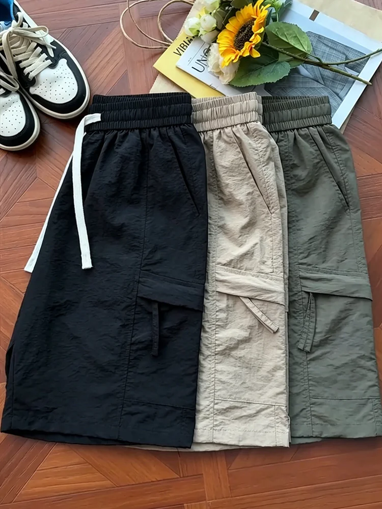 Nylon Quick Dry Ice Silk Men's Shorts Summer Thin American Zipper Pocket Workwear Running Sports Five-Quarter Length Pants