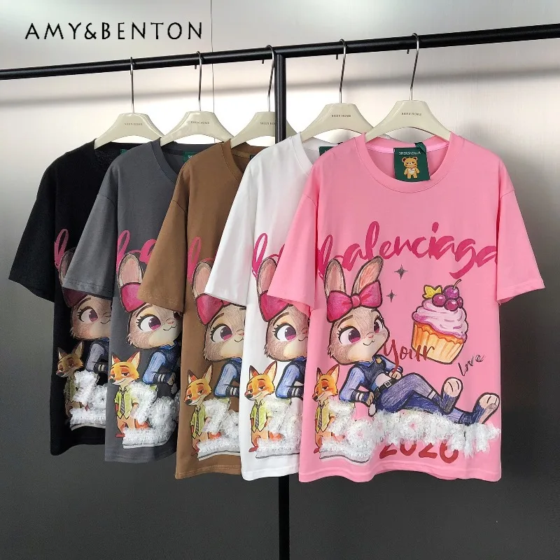 

2026 Spring New Pure Cotton Short Sleeves T-shirt Korean Style Fashionable Lace Trim Cartoon Rabbit Print Loose Top Tshirts Girl