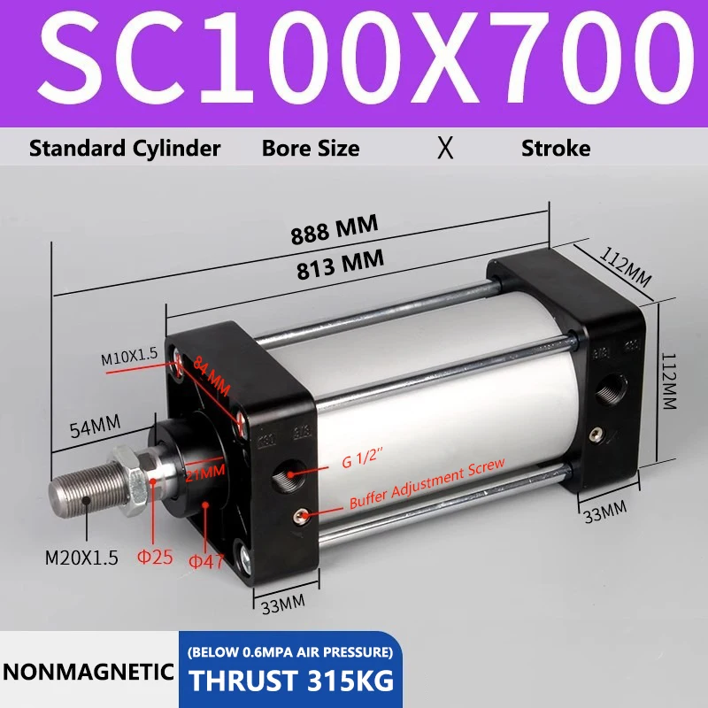 

ABILKEEN SC100X700 Standard Pneumatic Cylinder 100mm Bore Size X 700 MM Stroke Double Acting Air Standard Cylinder
