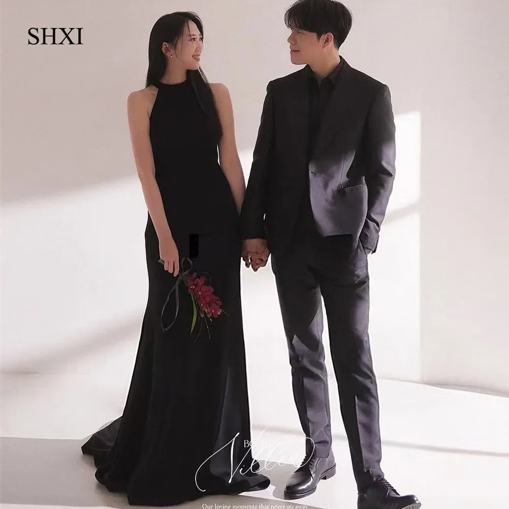

SHXI Elegant black Korean wedding photo shoot sleeveless performance dress custom floor long mermaid bridal dress 2025