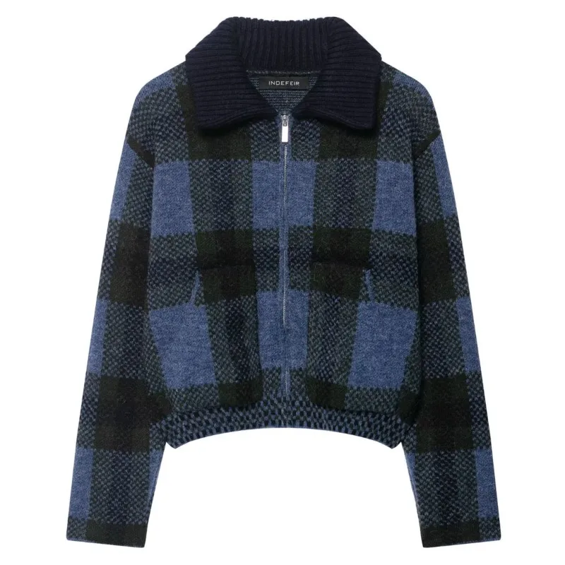 

2025 женская корейская вязаная куртка в клетку в стиле ретро, университетская куртка на молнии, верхняя одежда с длинными рукавами, повседневная уличная повседневная одежда, осень