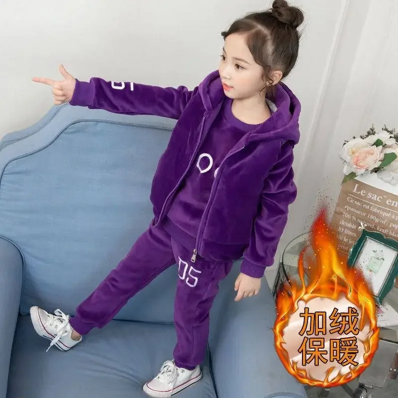 

2024 winter girls tracksuit Autumn Toddler Teenager Clothes tiger velvet jacket + hoodie + Pant Children Kids 8 9 10 11 12 year