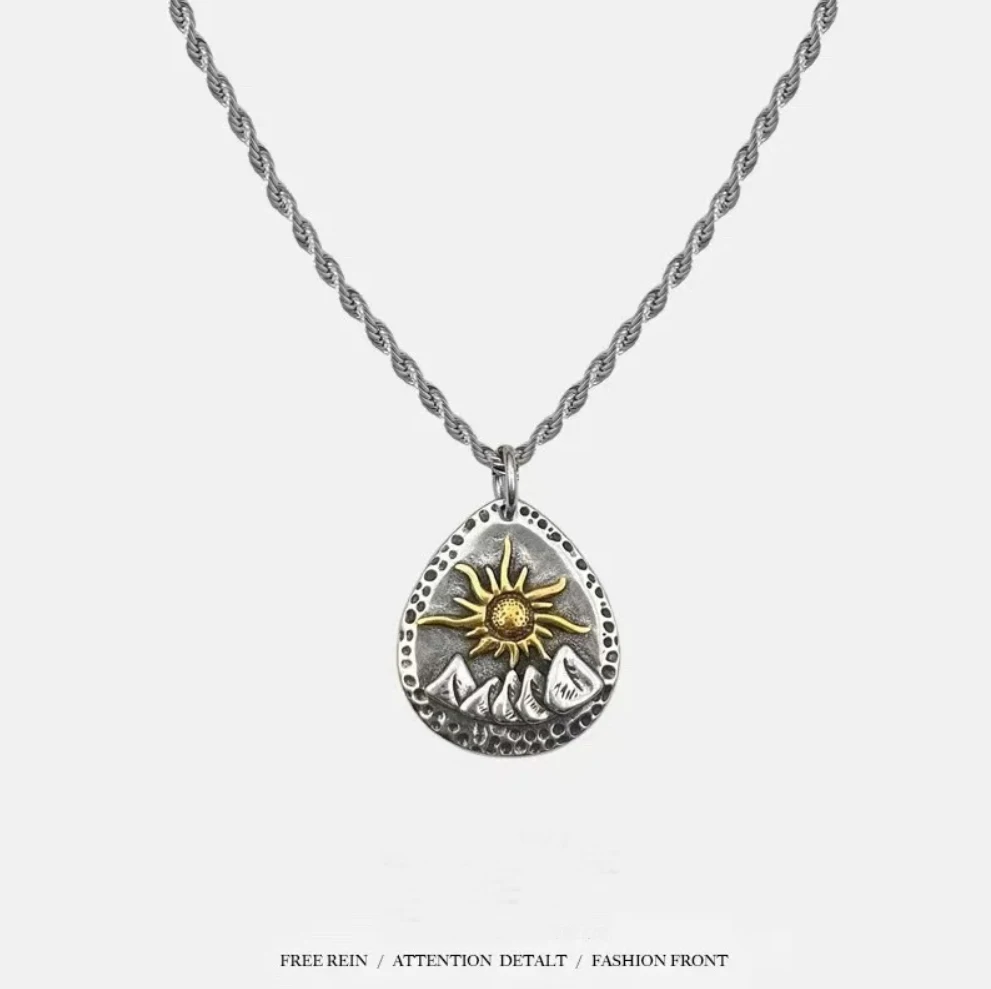 New Trendy Retro Silver Wishing Stone Sun Pendant Necklace for Women Men Handmade Simple Desgin Couple Necklace Jewelry Gift