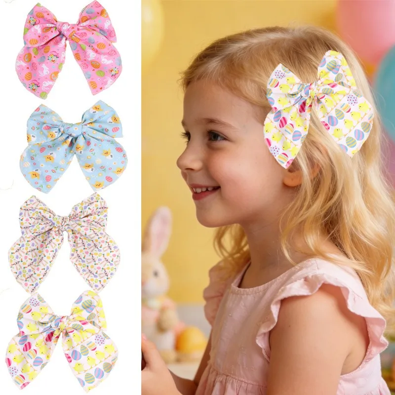 

30pc Fable Bow Hair Clips 5-Inch Easter Egg Print Hairpins Edge-Locked Barrettes Hair Accessories for Girls Kids Bulk Pack