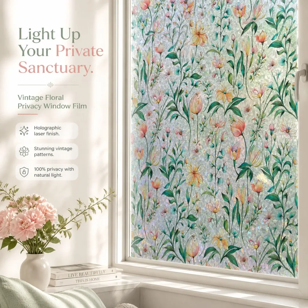 Vintage Floral Privacy Window Film Static Cling Holographic Decorative Glass Sticker Non-Adhesive Film for Bathroom Bedroom