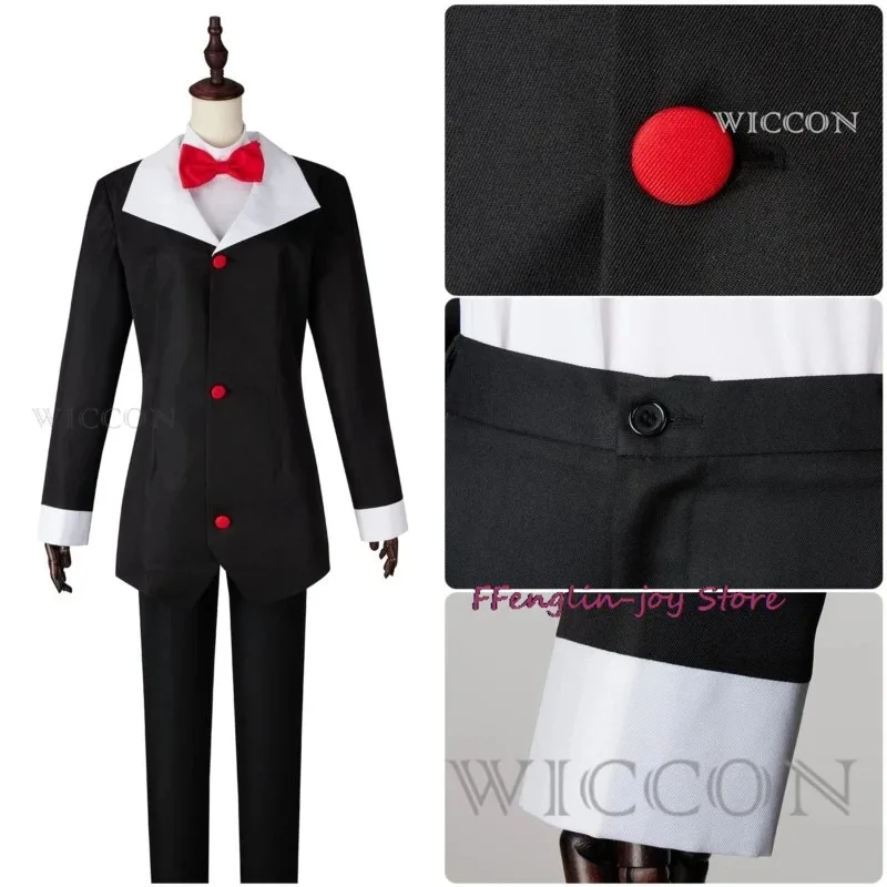 Disfraz de Cosplay de cáscara, uniforme de Hazbin, disfraz de Hotel de cáscara, chaqueta negra para hombre, pantalones, trajes de fiesta de Halloween con pajarita