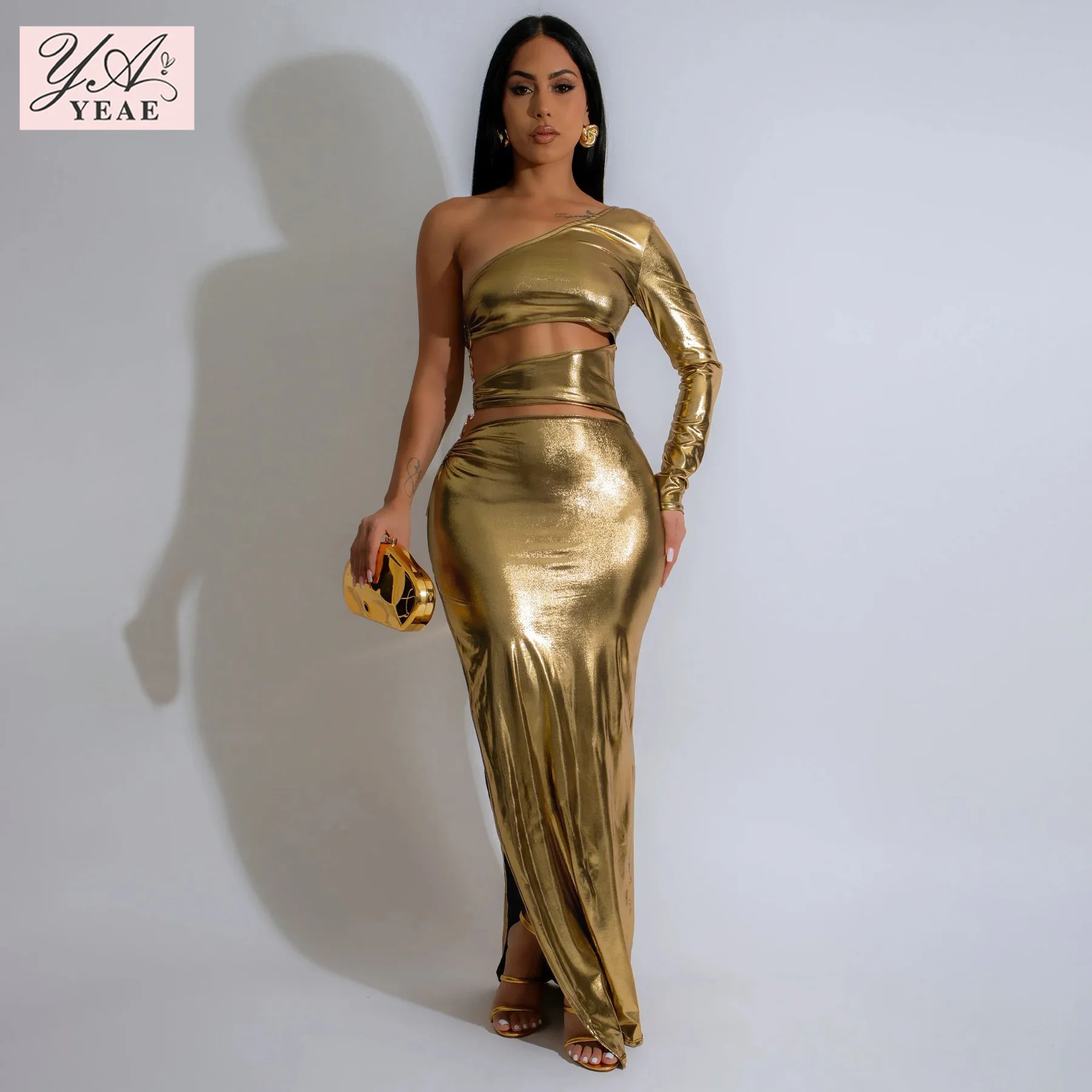 Women Full Sleeve Birthday Gold Stamp Long Maxi Dress 2024 Autumn Hollow Out Street Sexy Party Split Dresses Vestidos