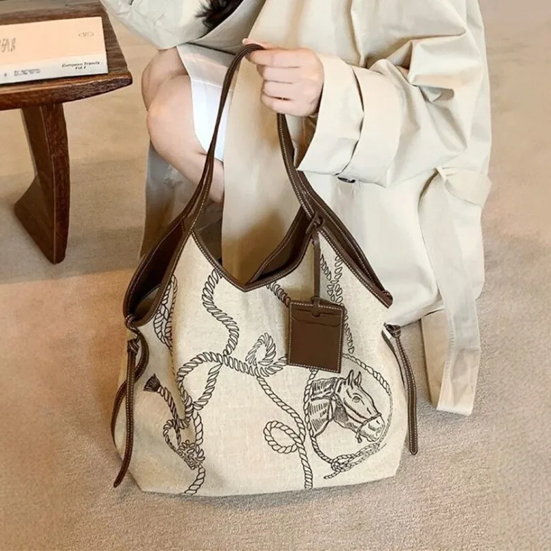 Handmade Linen Tote Bag Women' New Large-capacity Casual Handbag Premium Temperament Commuting Shoulder Bag Relaxation Large Bag