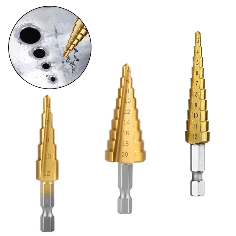 Step Drill Bit 3-12mm 4-12mm 4-20mm HSS Straight Groove Step Drill Bit Titanium Coated Wood Metal Hole Cutter Core Drilling Tool