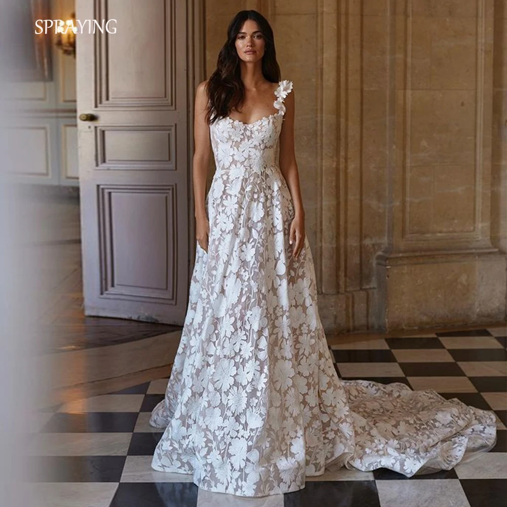 

SPRAYING Luxury Lace Customized Wedding Dresses O Neck Spaghetti Strap Bridal Gowns A line Corset Long Sweep Train Customized